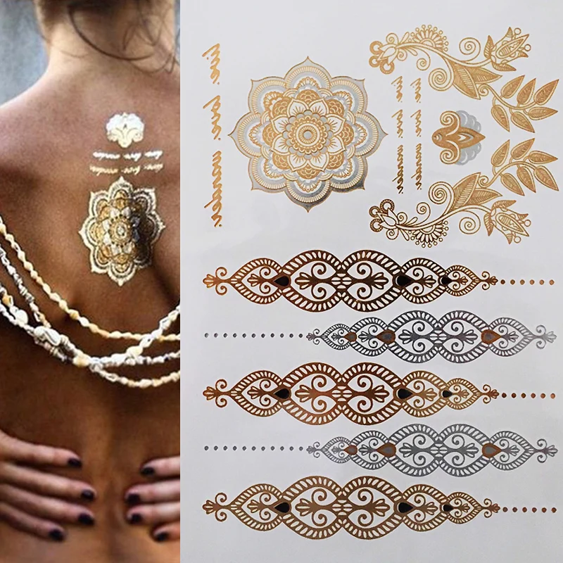 1 แผ่นแฟลช Boho Metallic Gold Feathers Shimmering เครื่องประดับเทศกาลรอยสักชั่วคราว
