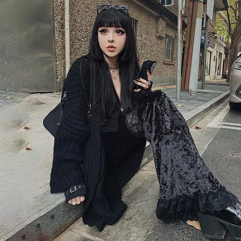 เซ็กซี่แฟชั่นPatchworkลูกไม้Flareกางเกงผู้หญิงGothic Dark Highเอวกางเกงหลวม 2021 New Street Suedeกางเกง