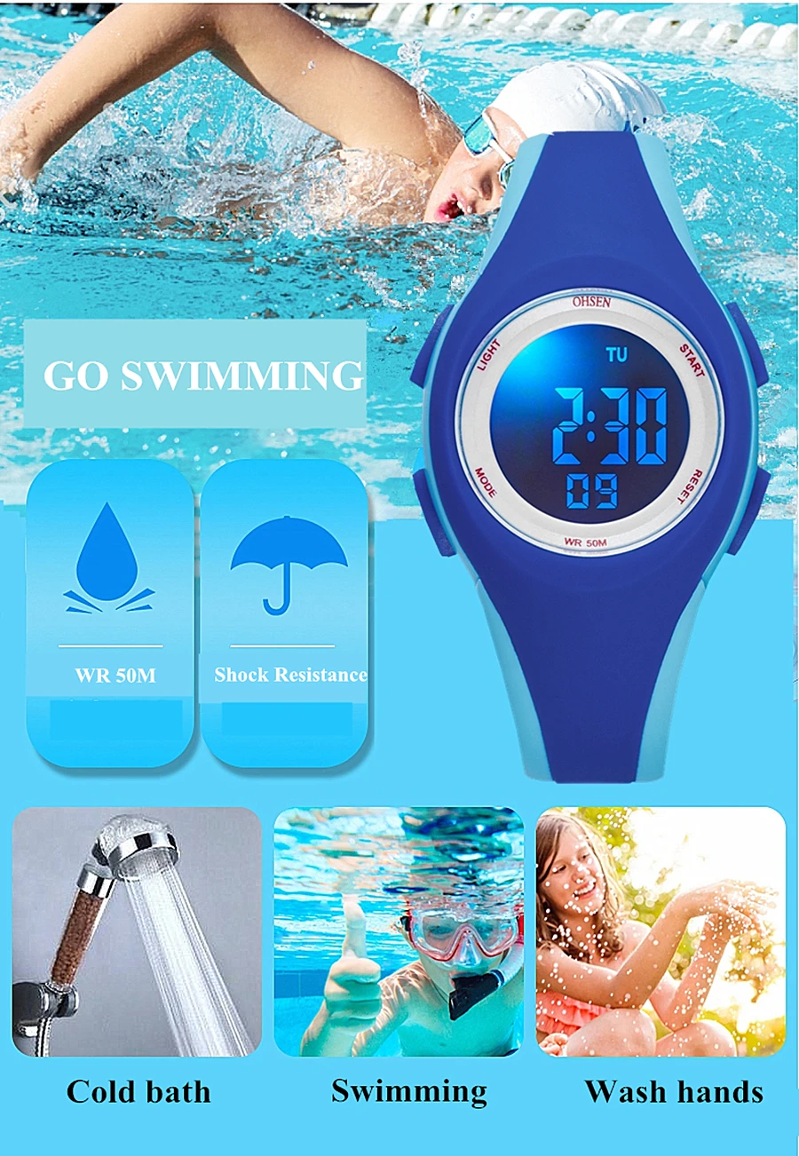 Relojes deportivos para niños OHSEN, reloj de pulsera electrónico de silicona azul resistente al agua hasta 50M, cronómetro, reloj Digital para niños y niñas