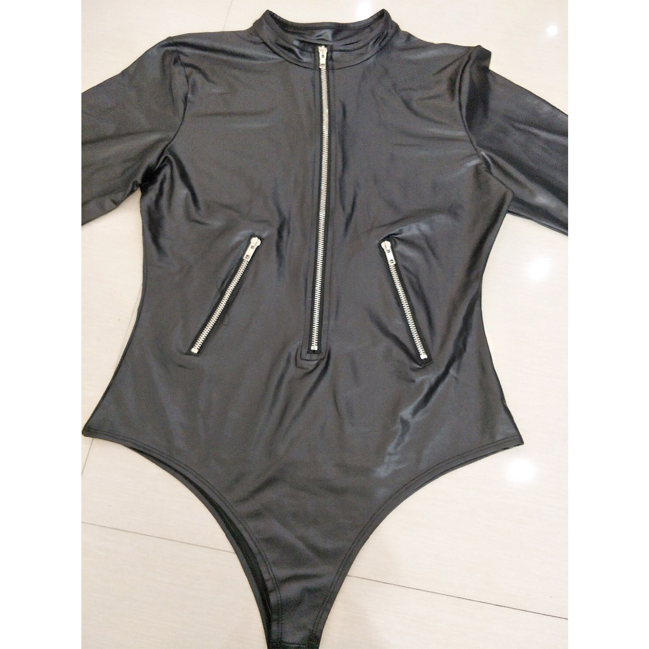 ผู้หญิงเซ็กซี่หนัง Bodycon บอดี้สูทซิป PU Latex Catsuit Slim ไวนิล Jumpsuit แขนยาว Bodysuits Rompers