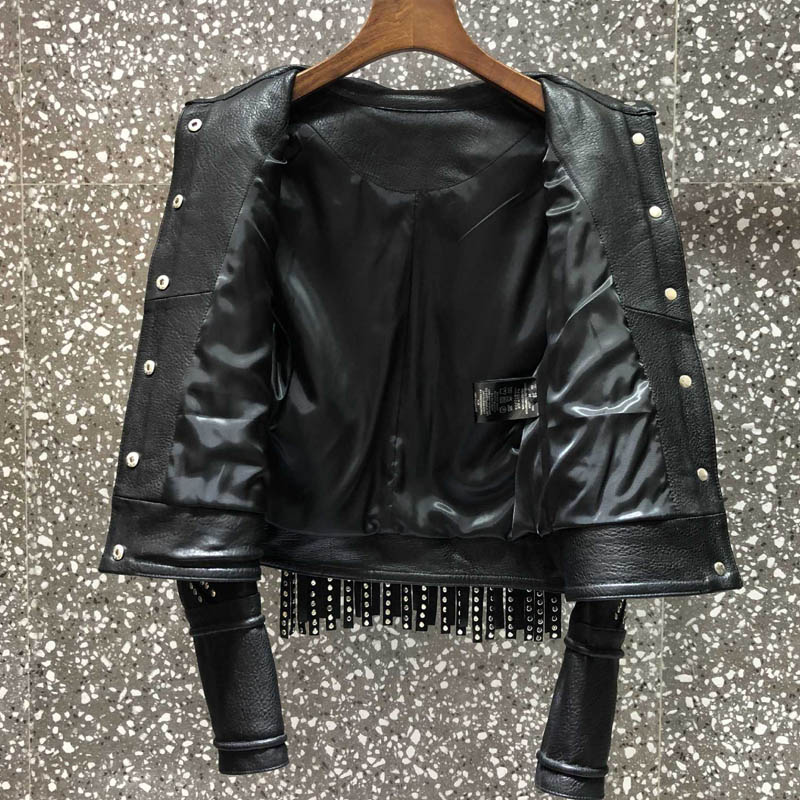 Luxury Heavy Work Rivet Tassel Real Leather Female jackets Moto Biker Single Breasted Lapel Womens Sheepskin Solid Short Coats