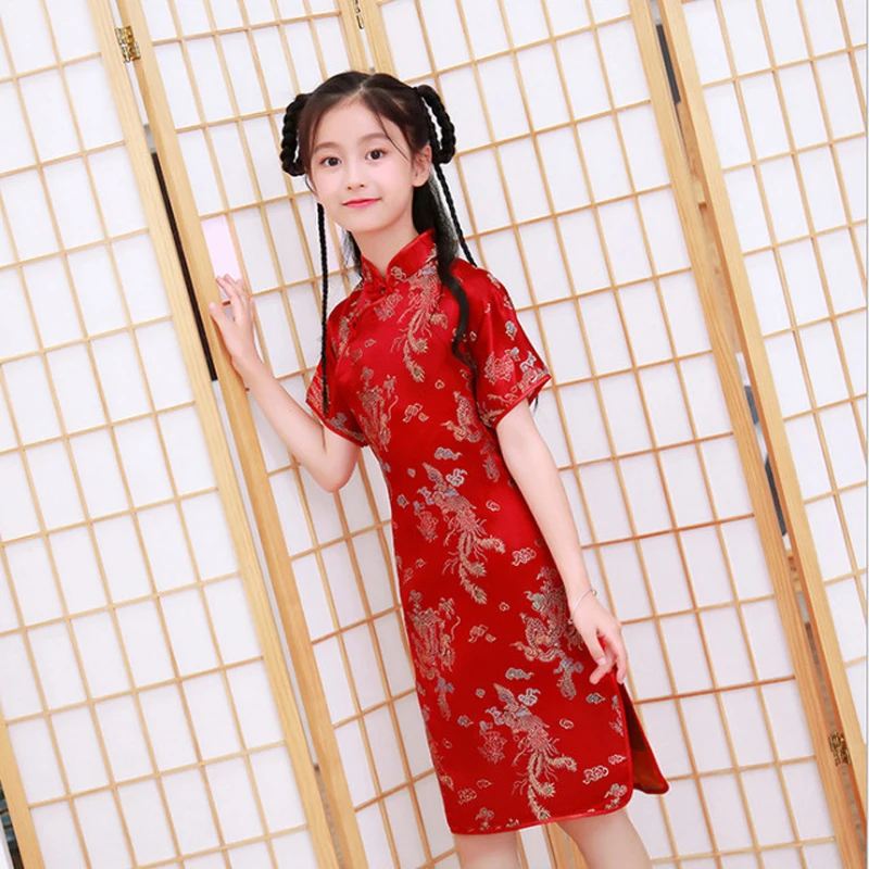 Bé Gái Đáng Yêu Lụa Satin Sườn Xám Dễ Thương Công Chúa Bé Gái Áo Trẻ Em Đảng BẦU ĐẦM Năm Mới Sườn Xám Quần Áo