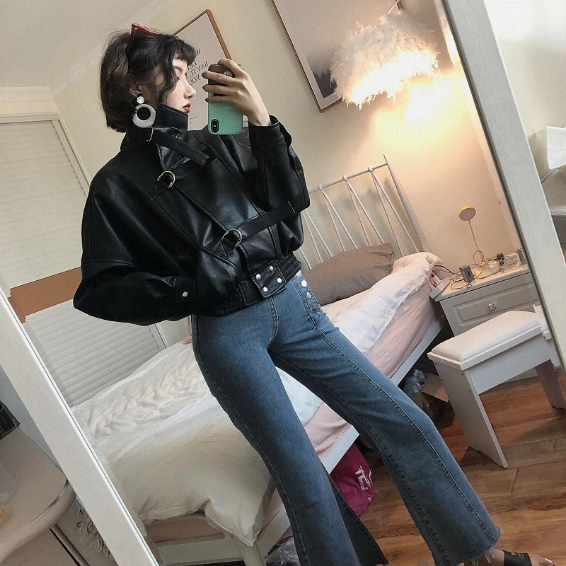 女性用合成皮革バイカージャケット,バットウィングスリーブ,ジッパー付き,PU,ブラック,春用ストリート,py102