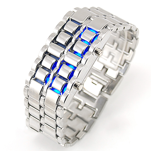 Reloj de pulsera Digital de Metal para hombre y mujer, pulsera electrónica de cuarzo con pantalla LED samurái de hierro, sin rostro, a la moda