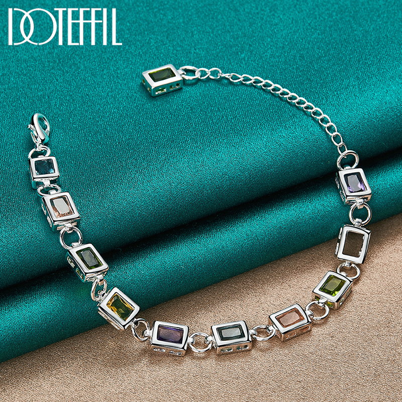 DOTEFFIL-pulsera cuadrada de Plata de Ley 925 con incrustaciones de circonita AAA multicolor, cadena para mujer, joyería de boda para fiesta de compromiso