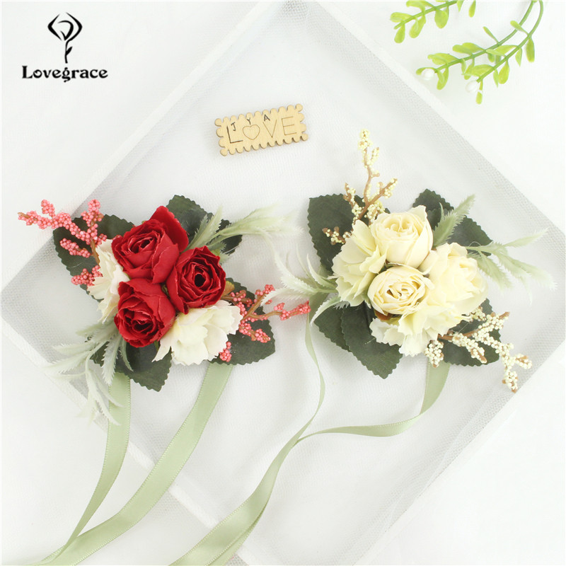 แต่งงาน Boutonniere ผ้าไหมกุหลาบ Corsage ข้อมือสร้อยข้อมือ Bridesmaid ดอกไม้เจ้าบ่าว Buttonhole ชุด Broche Mariage