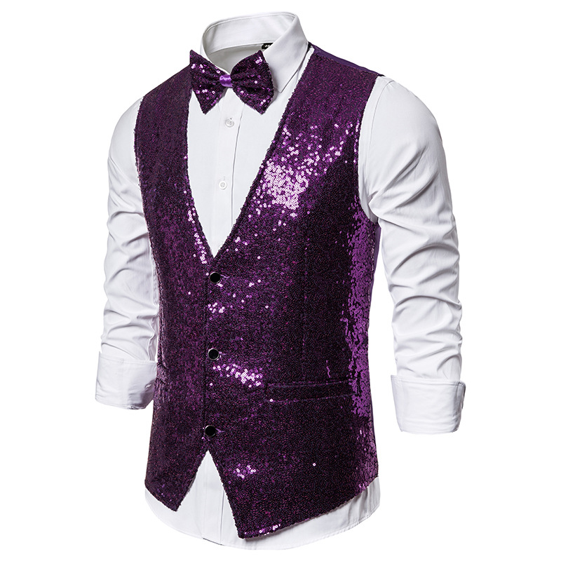 ทองเงาเลื่อมประกายเสื้อกั๊กผู้ชาย SLIM FIT V คอ 2 ชิ้น Mens เสื้อกั๊ก Bowtie งานแต่งงาน PARTY PROM เครื่องแต่งกาย GILET