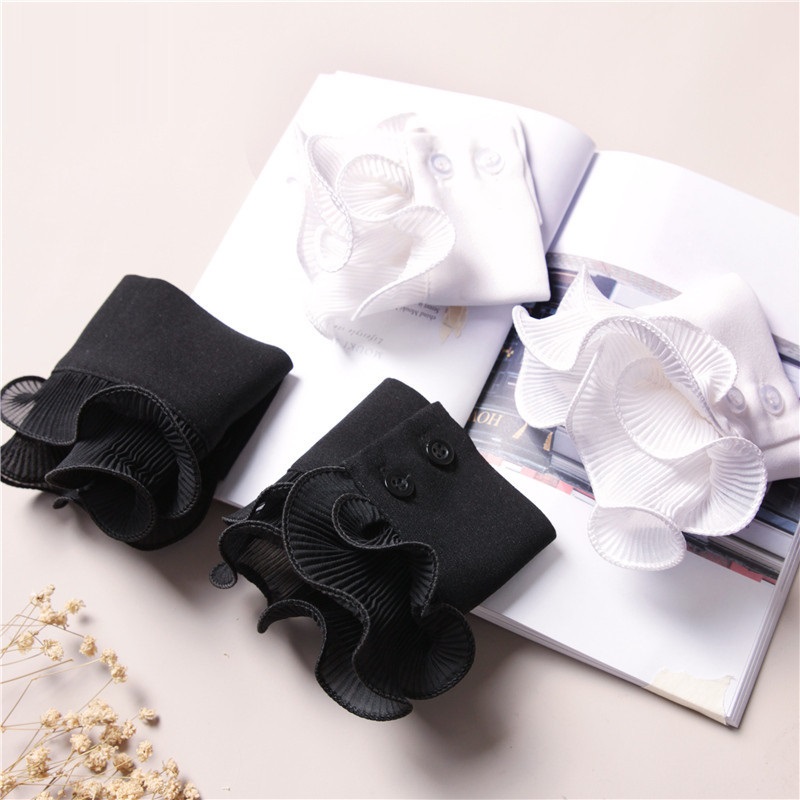 Mangas de renda branca para mulheres, punhos falsos, babados de casamento, plissado, abotoado, pulso, falso, suéter, decorativo