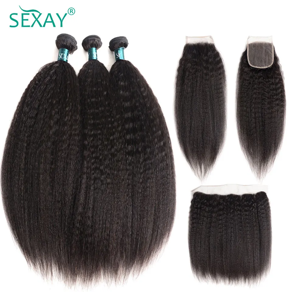 Sexay Thô Yaki 3/4 Bó Với Ren Đóng Cửa Trong Suốt Peru Remy Tóc Kinky Thẳng Tóc Dệt Với Đóng Cửa Frontals