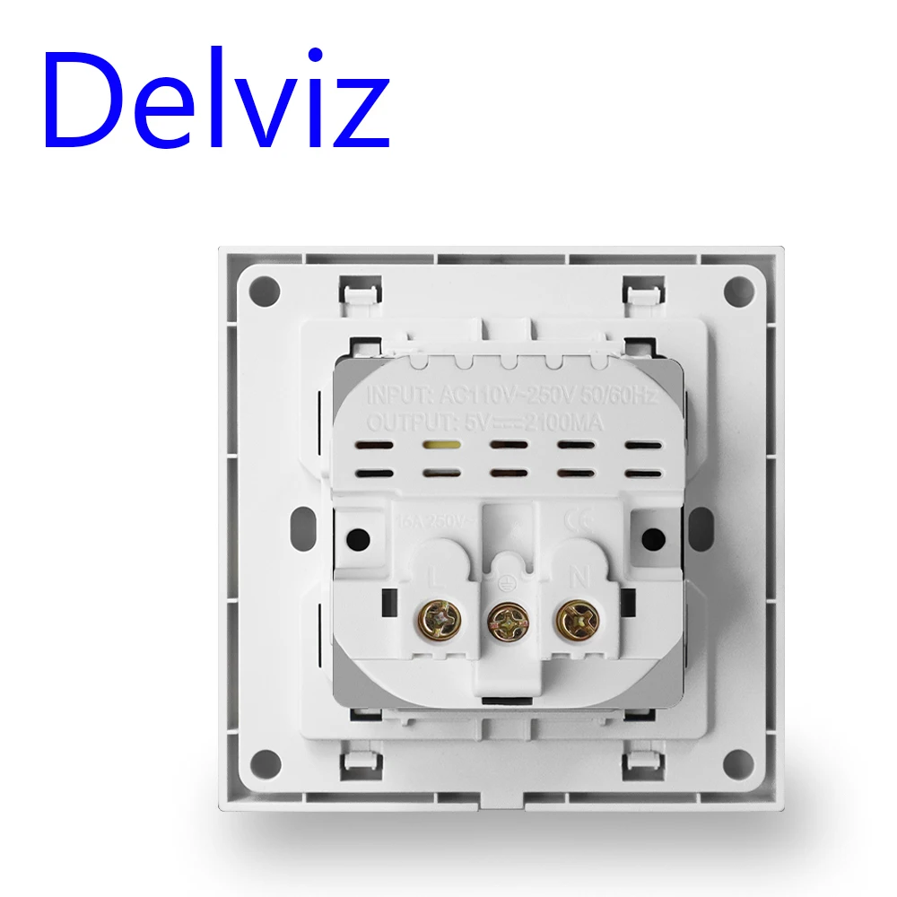Delviz tomada de carregamento usb dupla, tomada de alimentação ac 110 ~ 250v, painel de material de pc branco, interface usb 2a, tomada de parede padrão da ue 16a