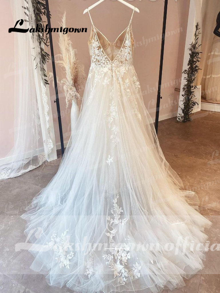 Vestido de noiva vintage com alças espaguete, vestido de noiva com decote em v, tule, praia, trouwjurk personalizado