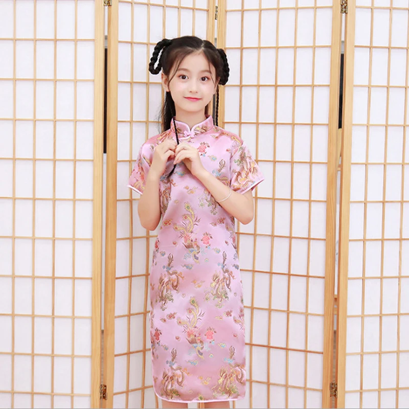 Bé Gái Đáng Yêu Lụa Satin Sườn Xám Dễ Thương Công Chúa Bé Gái Áo Trẻ Em Đảng BẦU ĐẦM Năm Mới Sườn Xám Quần Áo
