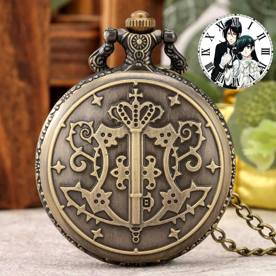 Kuroshitsuji Retro Bronze Butler Quarz Taschenuhr Sebastian Ciel Halskette Anhänger FOB Kette Cosplay Anime Geschenke für Männer Frauen