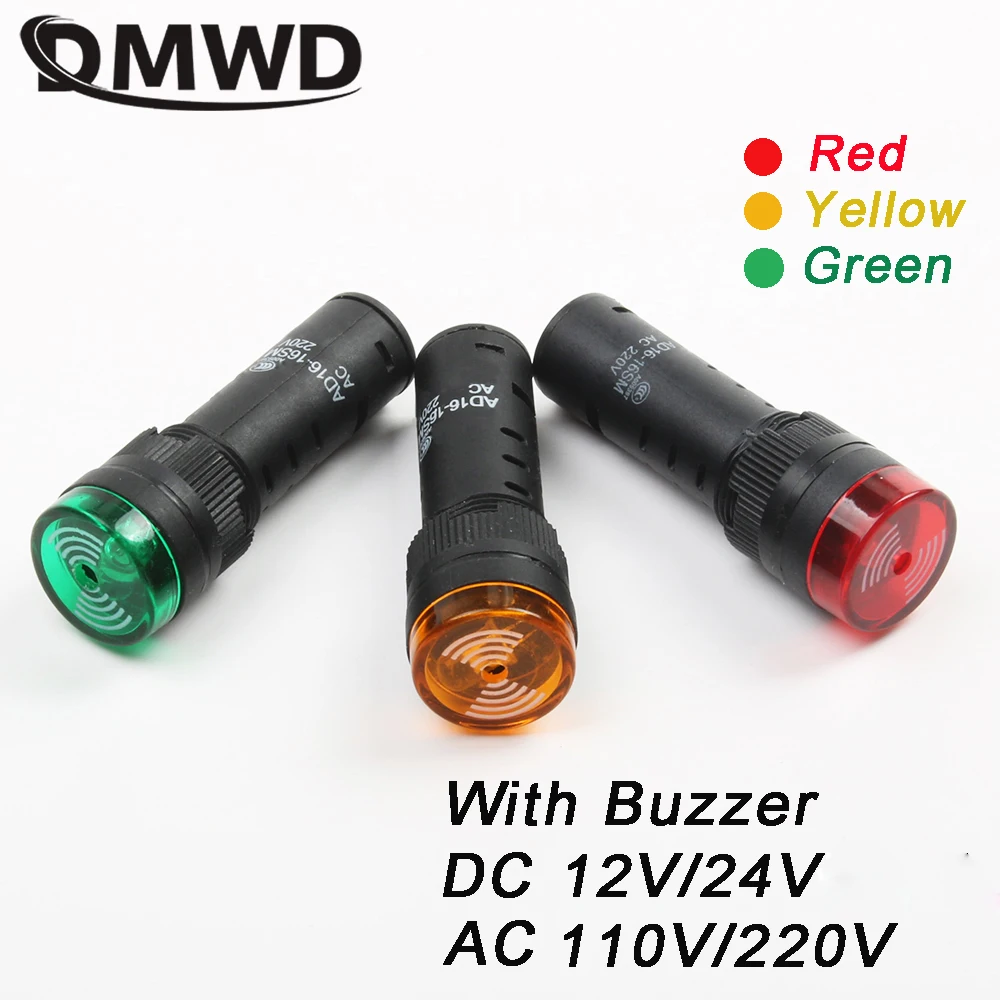 1szt AD16-16SM 16mm 12V 24V 110V 220V Sygnał świetlny Czerwony Brzęczyk ostrzegawczy Alarm dźwiękowy Plastikowy wskaźnik przemysłowy Zielony Żółty