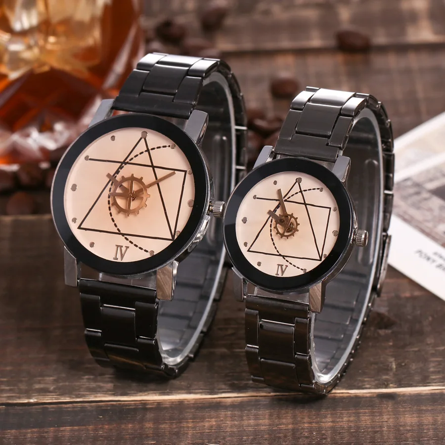 Nuevos relojes de pareja para hombre, reloj de segunda mano con puntero triangular y brújula, relojes de acero inoxidable para mujer, reloj femenino