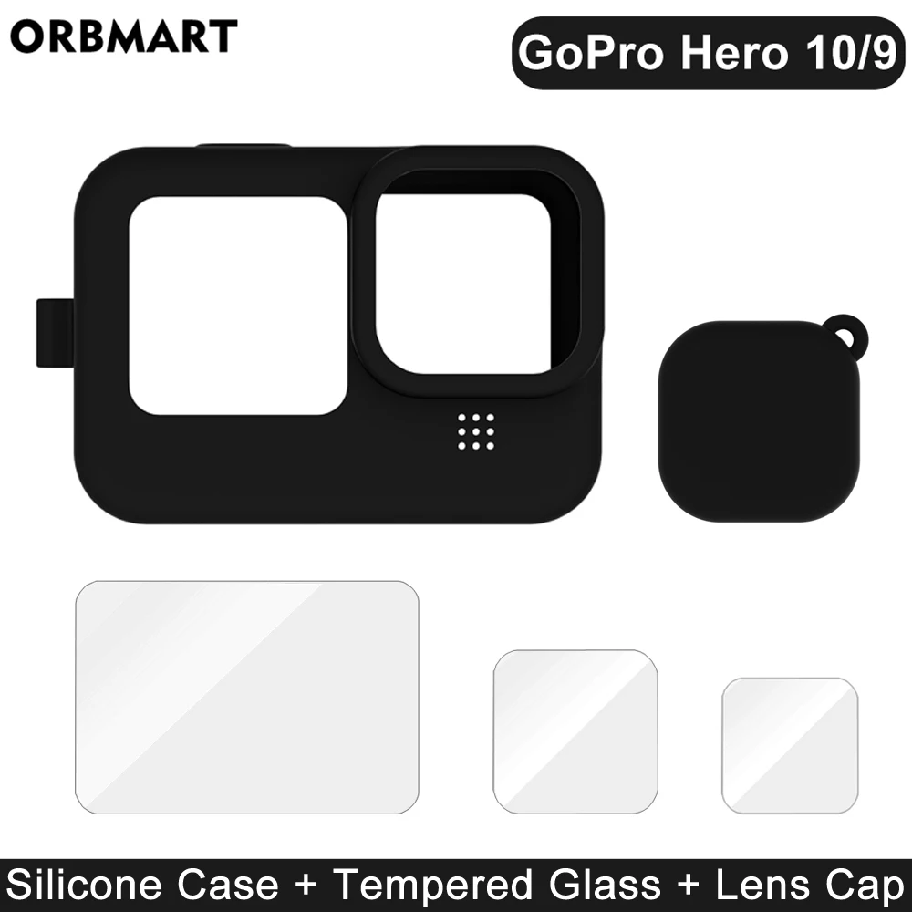 Funda de silicona para GoPro Hero 12 11 10 9, película protectora de pantalla de vidrio templado negro, tapa de lente para accesorios GoPro9 12