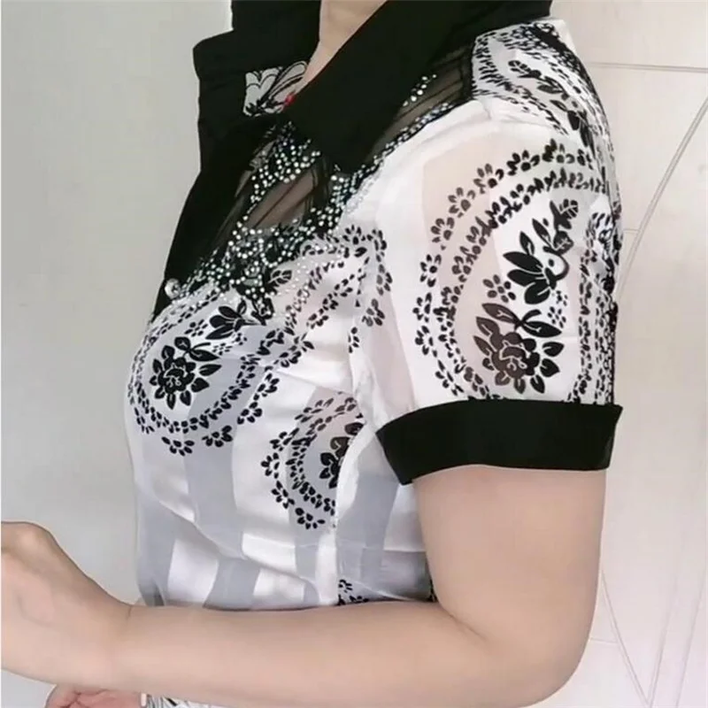Đồng Hồ Nữ Áo Mùa Hè Ren Áo Sơ Mi Voan Lưng Khâu In Có Nút Blusas Offce Nữ Áo Sơ Mi Chemises Fleurs