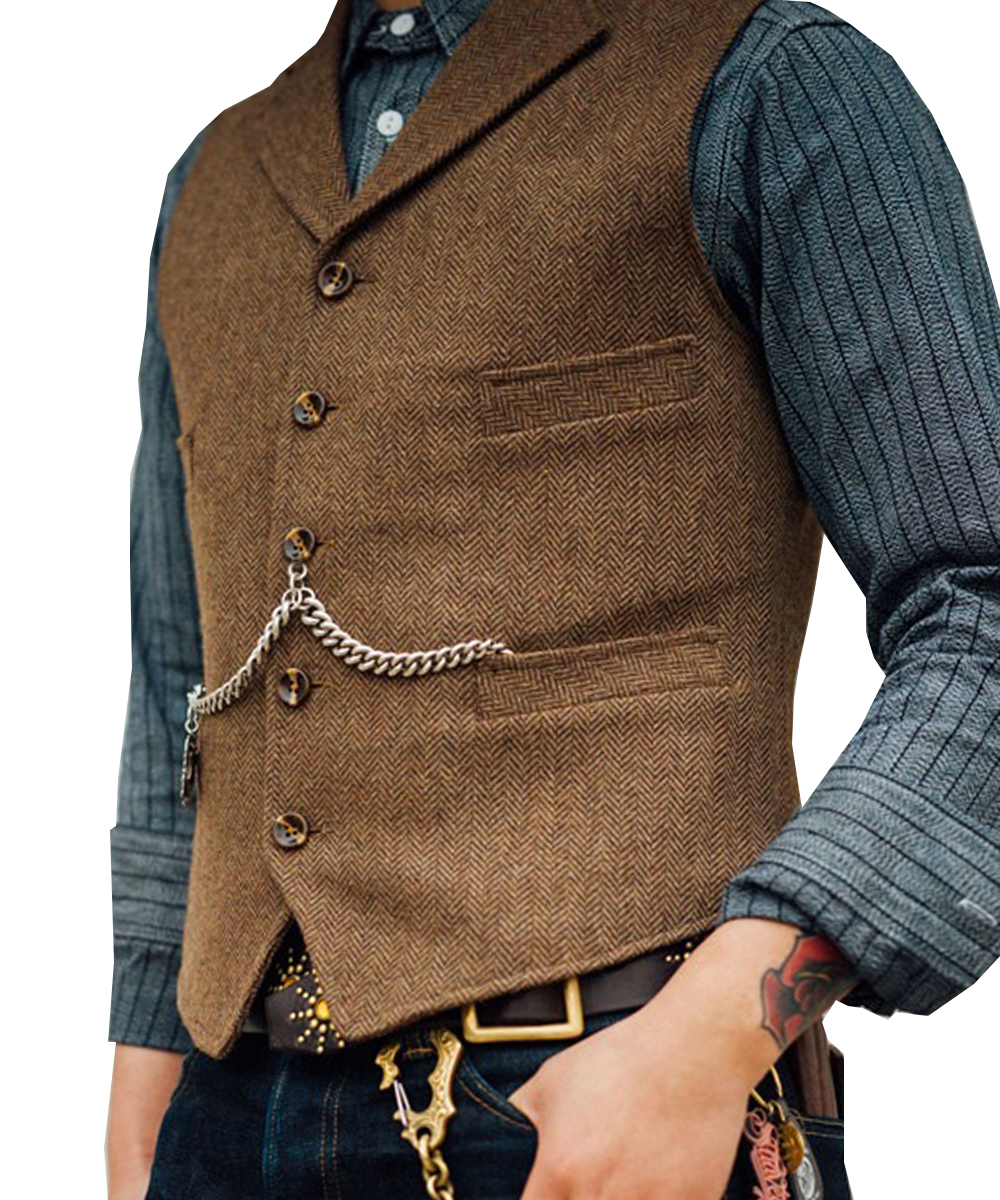 Traje de negocios para hombre, chaleco con solapa, cuello en V, lana, espiga, informal, marrón, chaqueta Formal de padrino de boda para boda