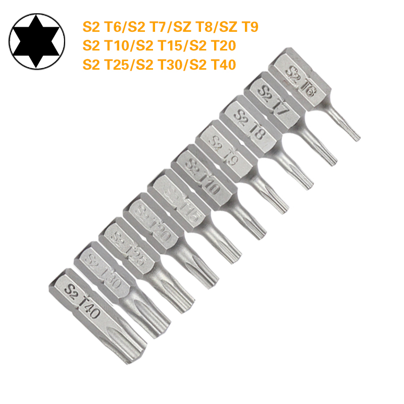 1-дюймовый T6 T7 T8 T9 T10 T15 Набор отверток Torx S2 Сталь 1/4 дюйма 6,35 мм с шестигранным хвостовиком Электрические отвертки для электроинструментов