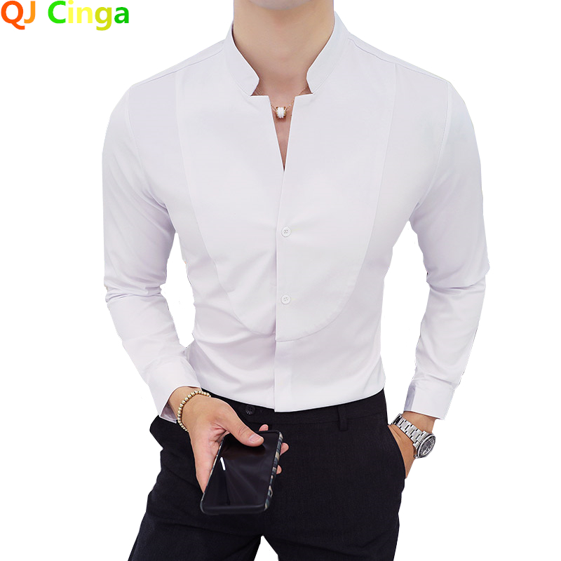 Camisas negras de manga larga elásticas para hombre/Camisa de negocios ajustada pura con cuello levantado de alta calidad para hombre Camisa roja blanca para hombre Chemise