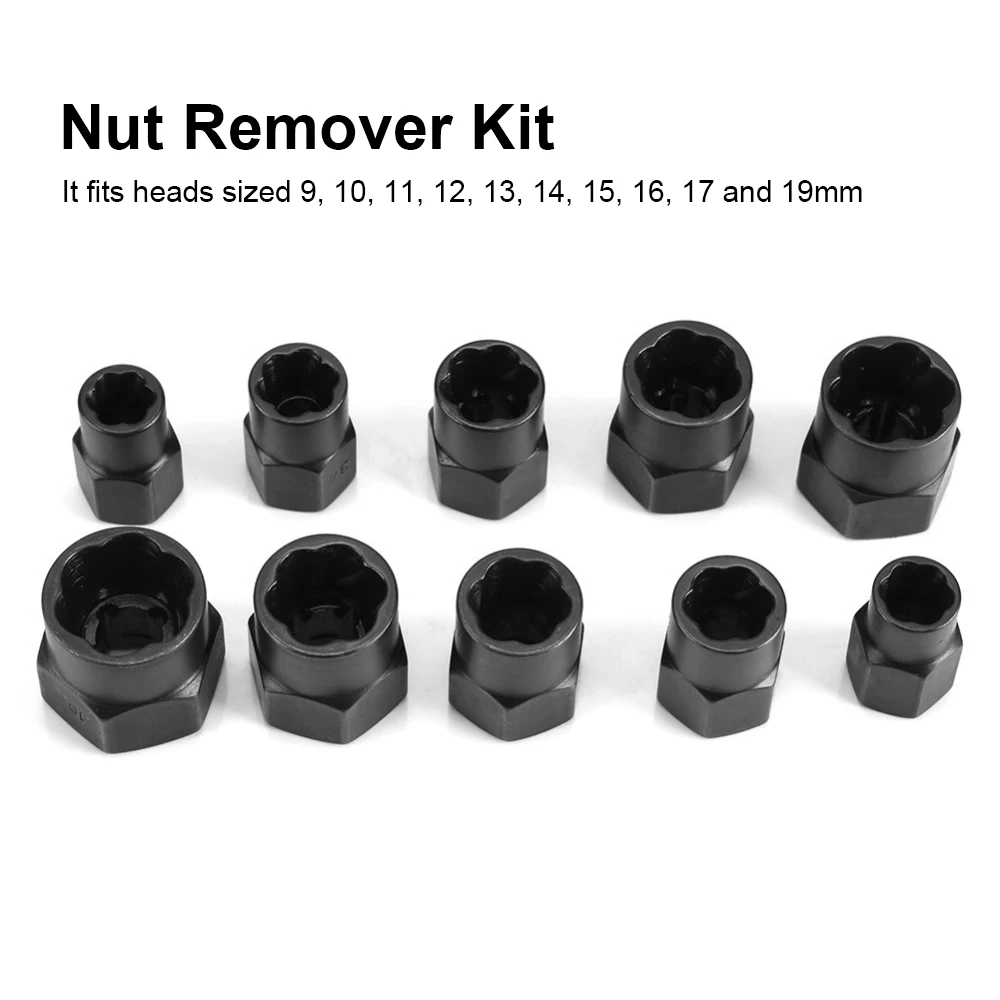 10 Buah 9-19Mm Mur dan Baut Ekstraktor Mur Rusak dan Alat Pelepas Sekrup Mur Hitam Kit Alat Ulir dengan 2 Gaya Drop Ship