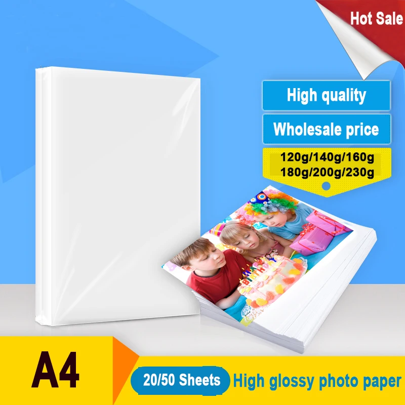 Papier photo haute brillance pour imprimante à jet d'encre, papier couché simple face, A4, 20 feuilles, 50 feuilles, 120g, 140g, 160g, 180g, 200g, 230g, g