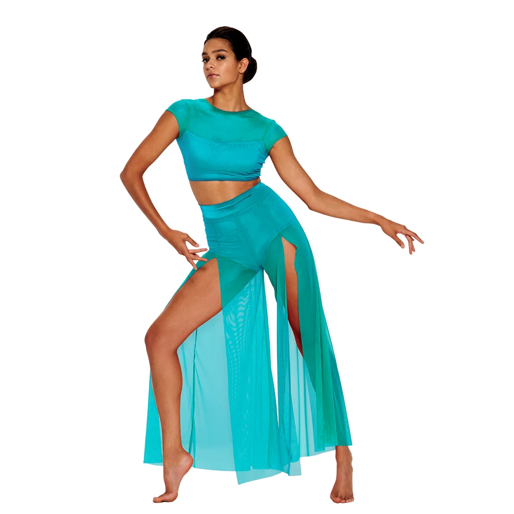 Midee moderno Ballet dance women's mesh top wide leg pants with 2 Lyric tops BALLERINA GIRLS' stage set