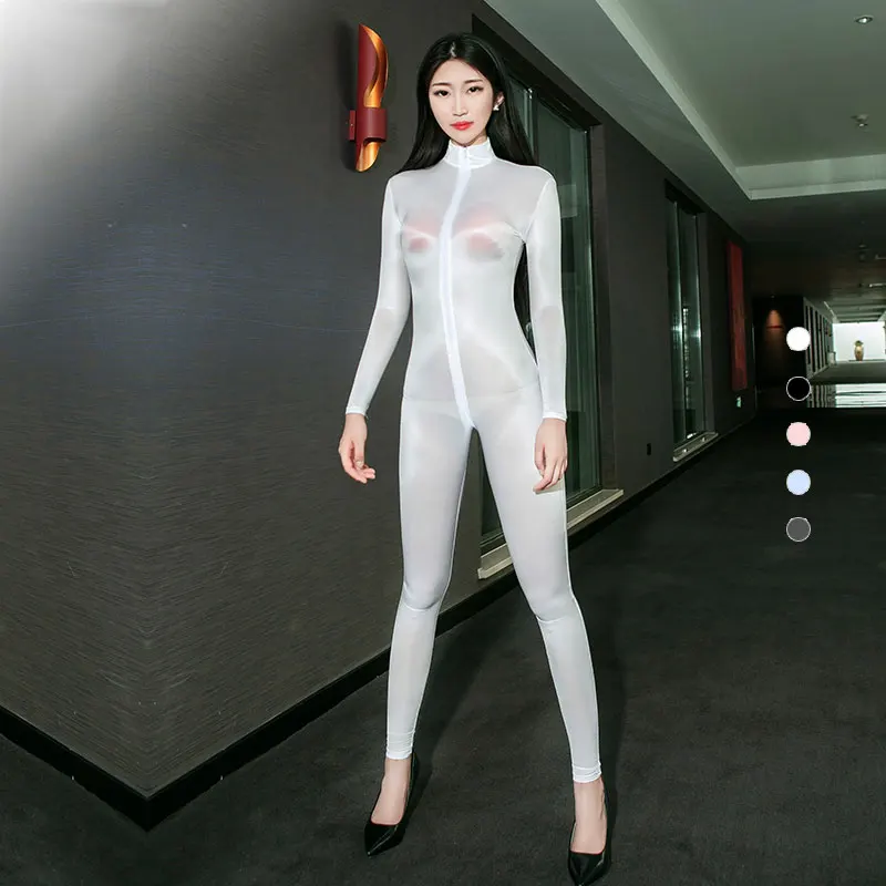 Maiô sensual para mulheres, roupa de dança e boate com zíper brilhante, virilha aberta, macacão com óleo, roupa de dança e modelagem apertada f34