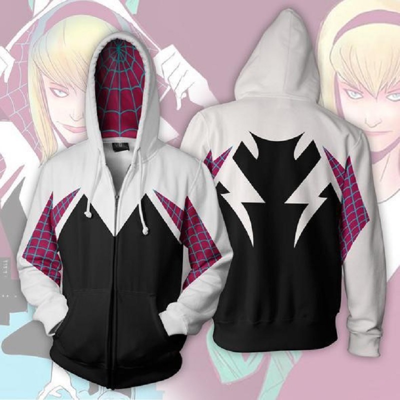 Fantasia de aranha gwen stacy para mulheres e homens, estilo de impressão 3d, jaqueta com zíper, adulto, halloween, cosplay, pulôver, moletom com capuz