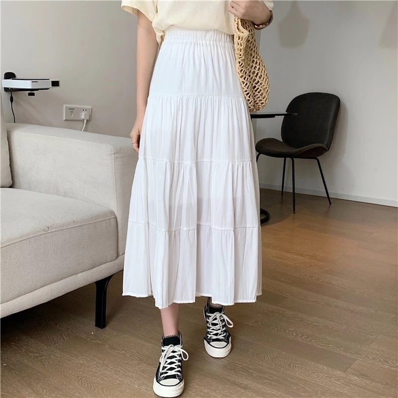 Lente Zomer Vrouwen Chiffon Rokken Vintage Hoge Taille Elastisch Patchwork Wit Zwart Chique Lange Taart A-lijn Rok voor Student