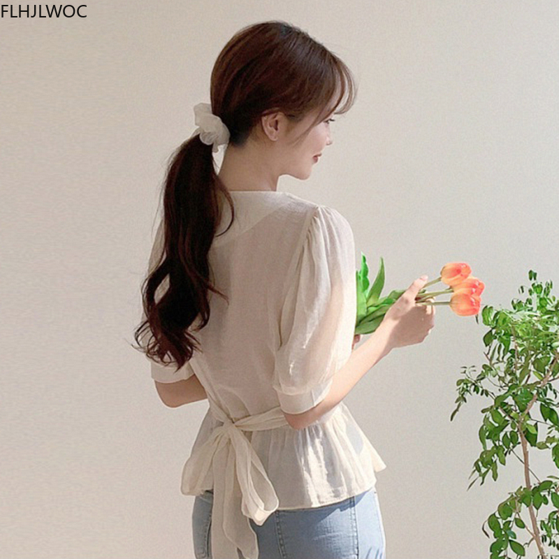 Dễ Thương Ngọt Xù Lông Peplum Cao Cấp Mùa Hè Hàn Quốc Sang Trọng Nhật Bản Phong Cách Flhjlwoc Preppy Bé Gái Bán Trong Suốt Áo Sơ Mi Nữ Top Áo Kiểu