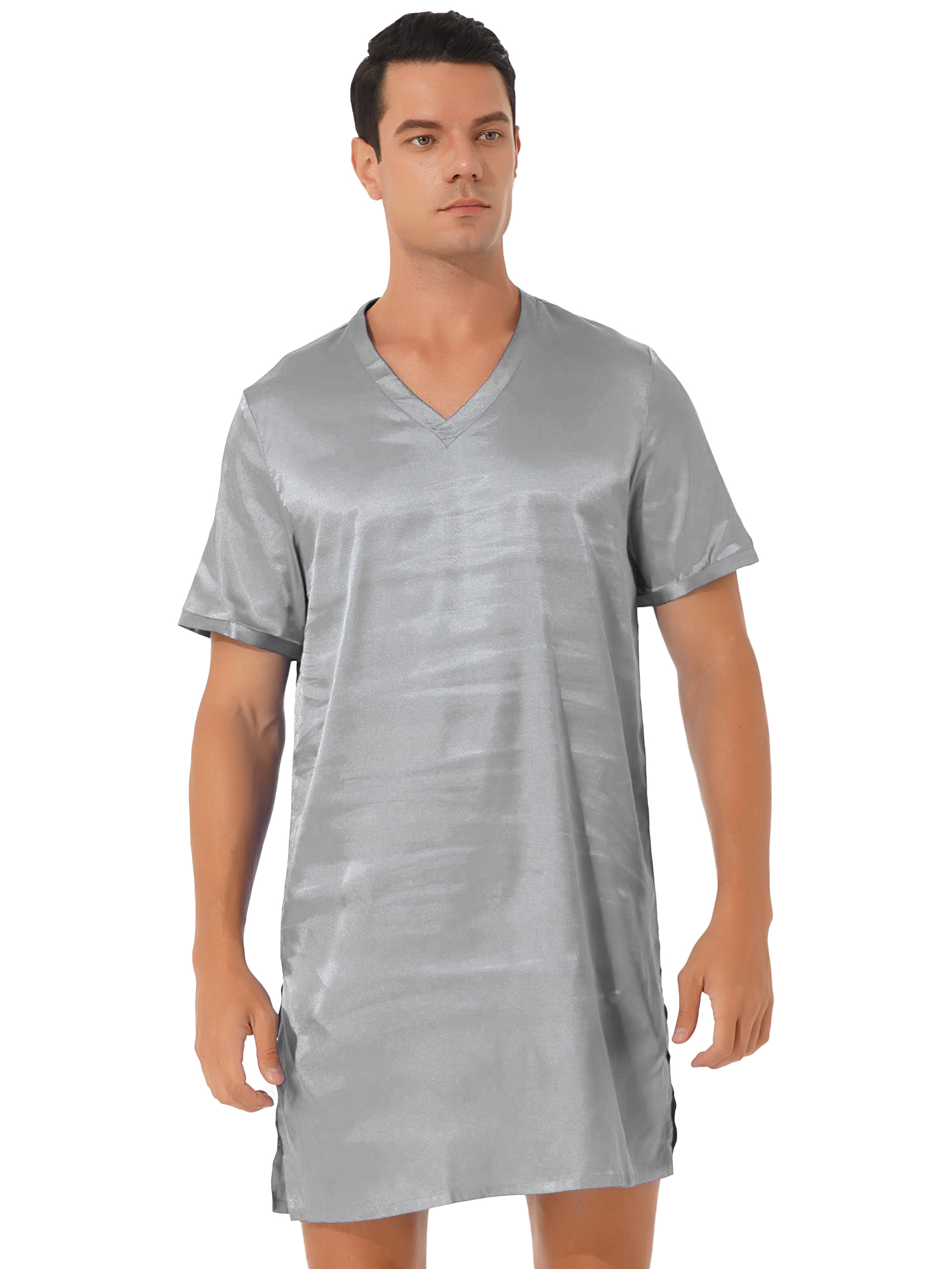 Camisón de satén para hombre y mujer, ropa de dormir de manga corta con cuello en V, ropa de dormir para el hogar, ropa de dormir con abertura lateral