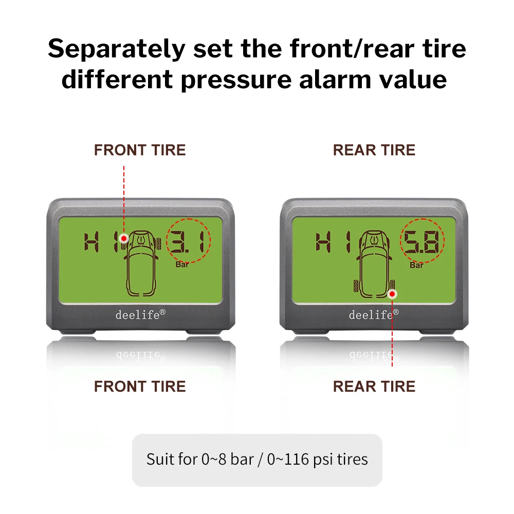 Deelife TPMS Sistema de monitoreo de presión de neumáticos de coche solar 0-8 Bar TMPS Sensor externo interno de neumáticos de rueda
