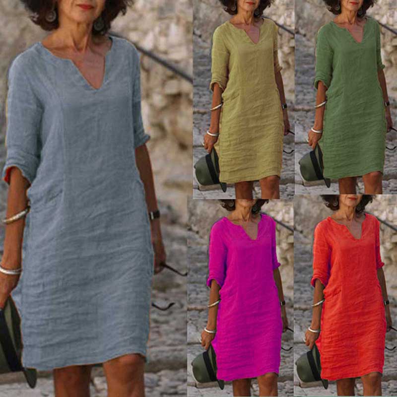 Vintage Frauen Solide Mini Kleid Sommer Mode V-ausschnitt Drei Viertel Hülse Baumwolle Leinen Kleid Damen Casual Urlaub Vestidos