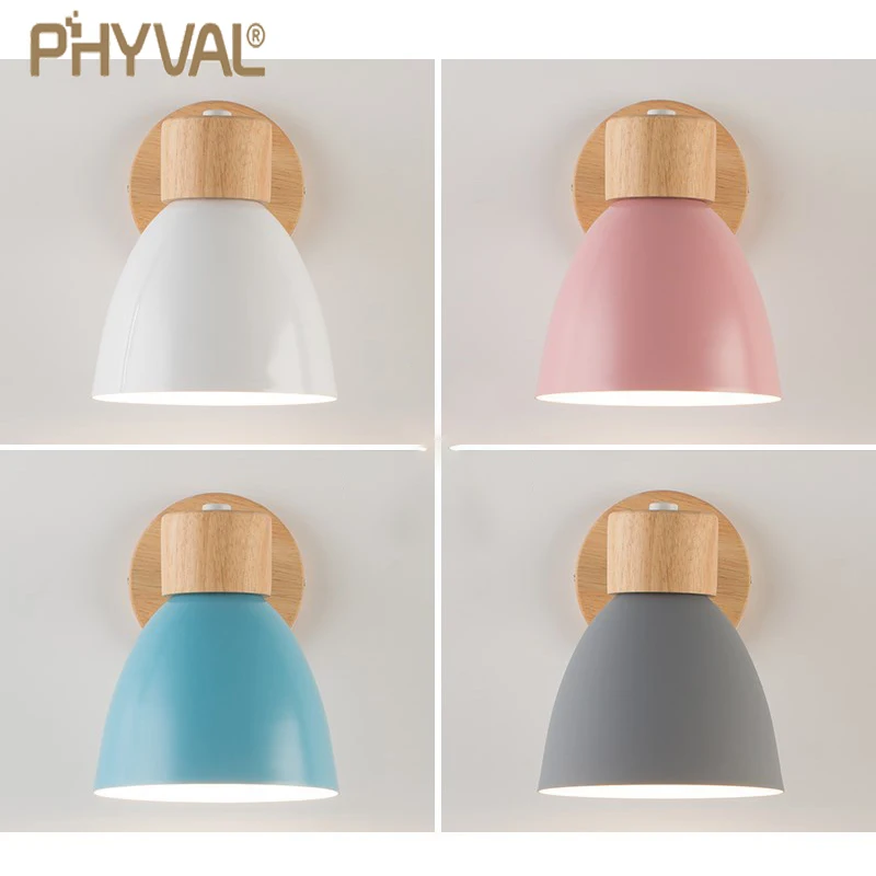 Lámpara de pared nórdica de madera con interruptor, aplique de pared moderno para dormitorio, sala de estar, iluminación del hogar, macarrón, cabezal de dirección de 6 colores E27
