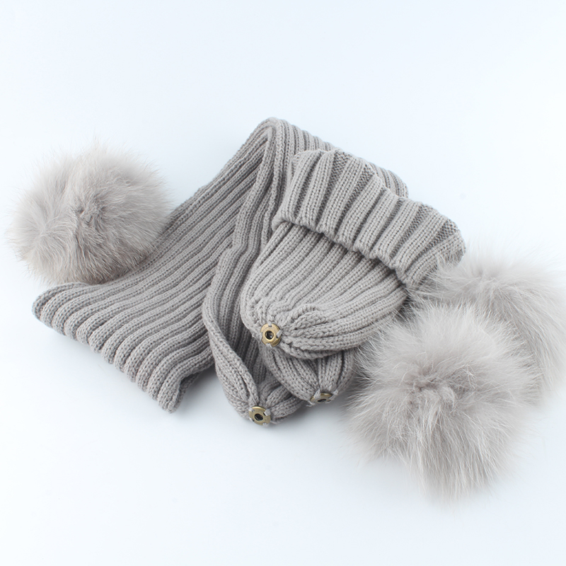 Chapéu e cachecol de inverno para bebês, chapéu e cachecol para meninas, meninos, crianças, pele de raposa real, gorro de tricô, 3 peças, chapéu pom pom