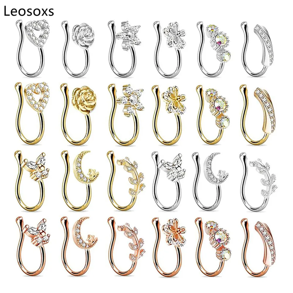 Leosixs cincin hidung kristal, 9 buah/lot kristal baja emas mawar hati hidung