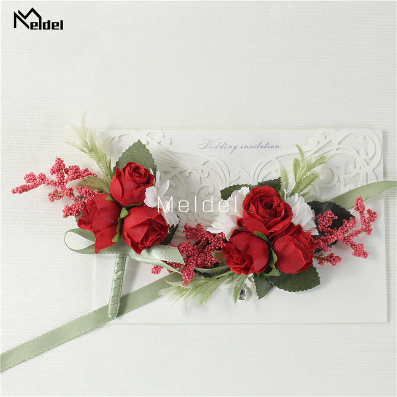 멜델 손목 코사지 웨딩 남자 Boutonniere 소녀 팔찌 신랑 핀 신부 들러리 손목 코사지 꽃 실크 레드 로즈 Boutonniere