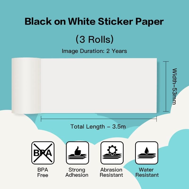 3 rotoli/scatola Phomemo Adesivo autoadesivo in carta termica nera su bianca 53 mm x 3,5 mPer mini stampante termica portatile T02/M02X