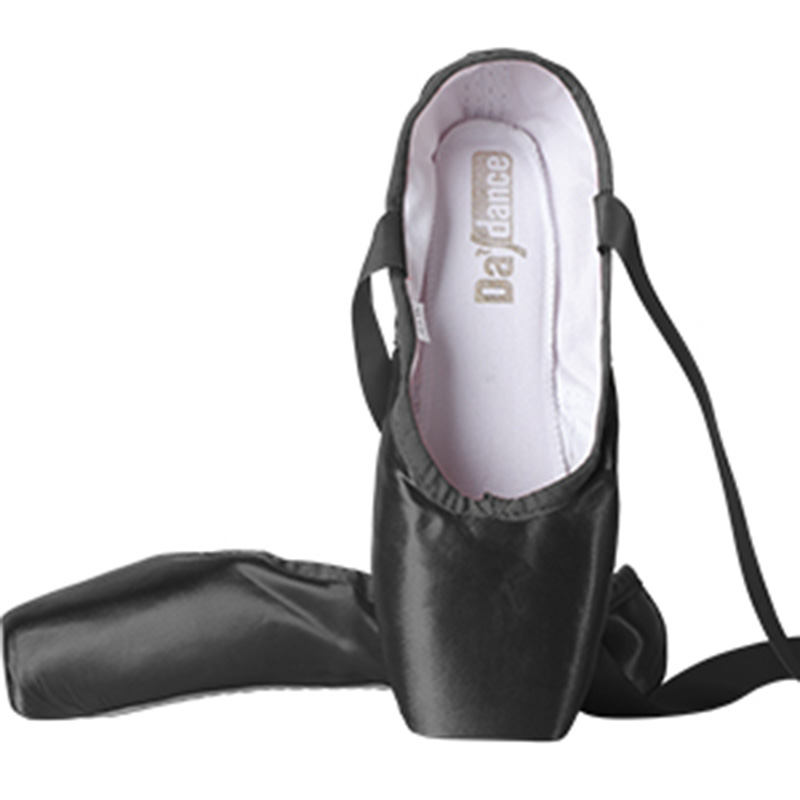 Sapatilhas Black Satin Ballet Pointe, sapatos de bailarina profissional com fitas, meninas e mulheres