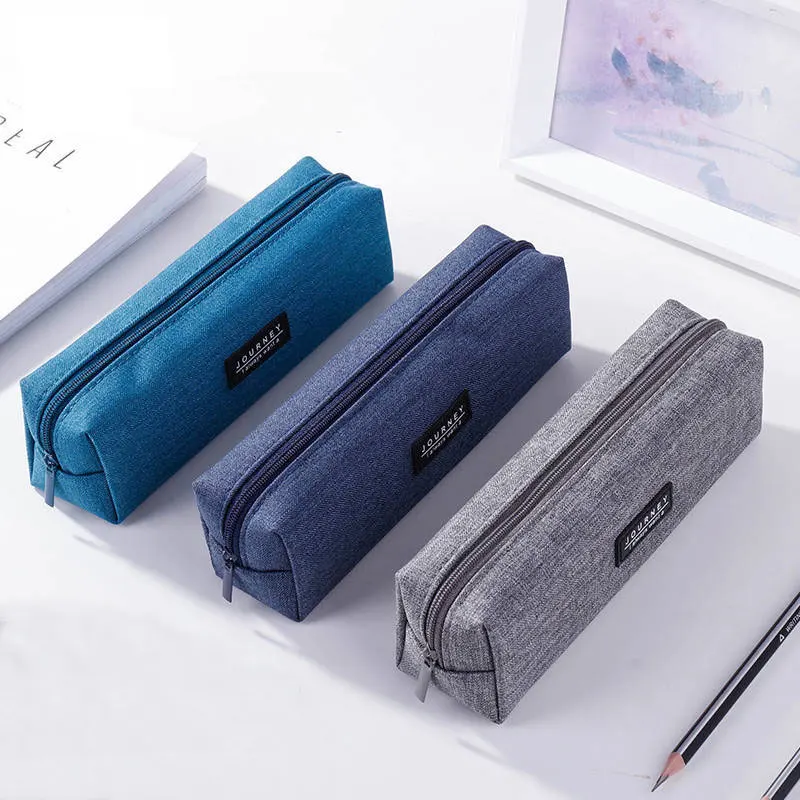 Estuche de lona azul para lápices, bolsas de lápices simples a rayas de Color sólido para estudiantes, papelería, suministros escolares, regalo para niños