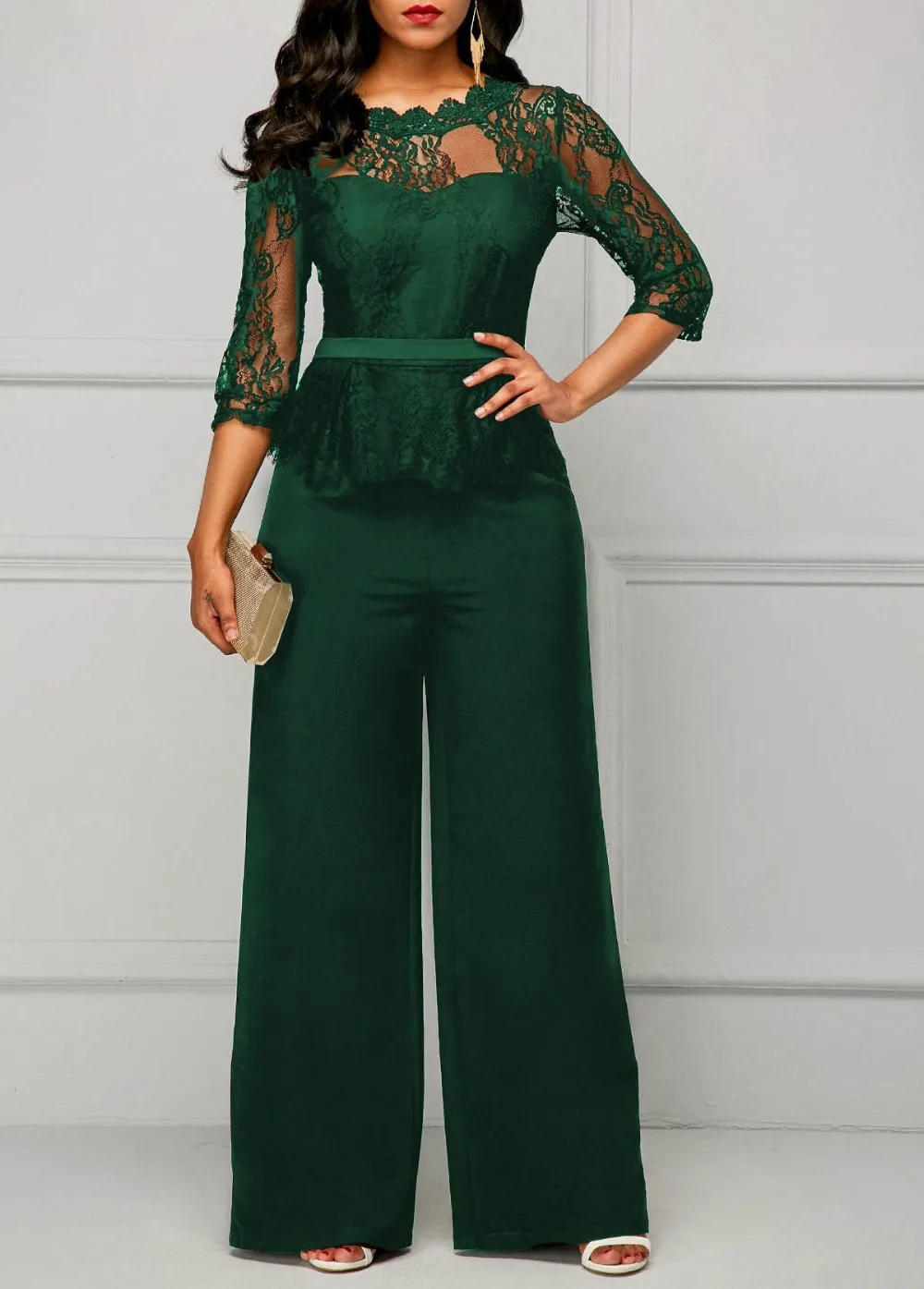 Elegant เซ็กซี่ Jumpsuits ผู้หญิงแขนยาวลูกไม้ Patchwork Jumpsuit กางเกงหลวมกางเกงขากว้าง Rompers วันหยุดสีดํา Overalls