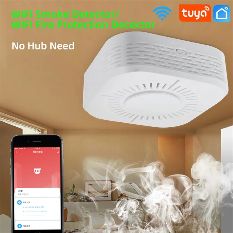 Tuya สมาร์ท Wifi เครื่องตรวจจับควัน,Safe Security Smoke Alarm Sensor ป้องกันไฟ,No Hub Need,รีโมทคอนโทรลโดย Alexa Google Home