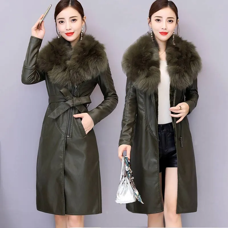 แจ็คเก็ตหนังผู้หญิงฤดูหนาว 2024 ใหม่เพิ่มกํามะหยี่Warm Slim Big Furคอยาวเสื้อหนังหญิงOuterwearกับเข็มขัดM-4XL