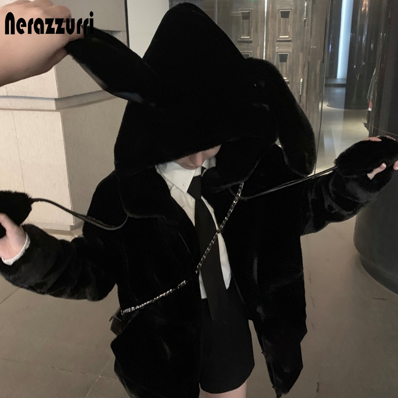Nerazzurri Wiosenna puszysta kurtka z króliczymi uszami raglanowy zamek błyskawiczny Oversize lekka miękka harajuku kawaii bluza ze sztucznego futra 2021