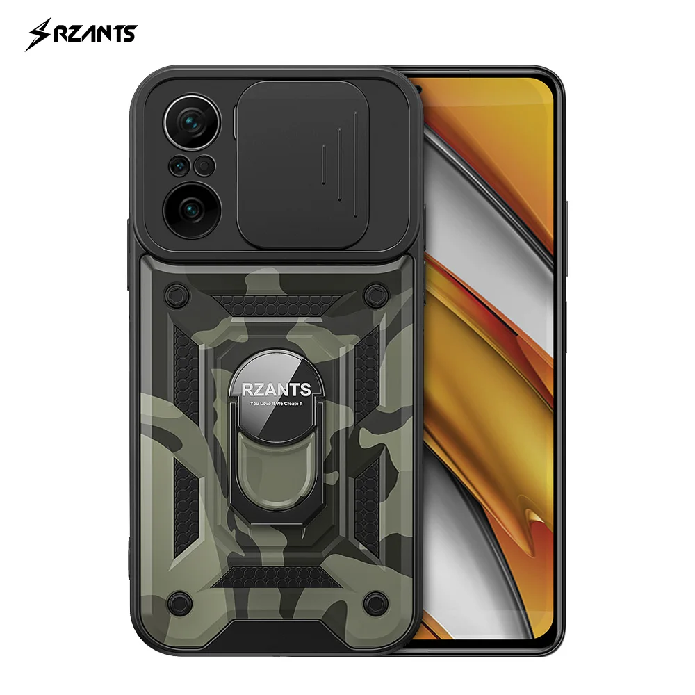 Rzants untuk Casing Xiaomi POCO F3 [Tangki Hutan] Penutup Desain Militer Penyangga Cincin Konstruksi Lensa Kamuflase untuk Anak Laki-laki