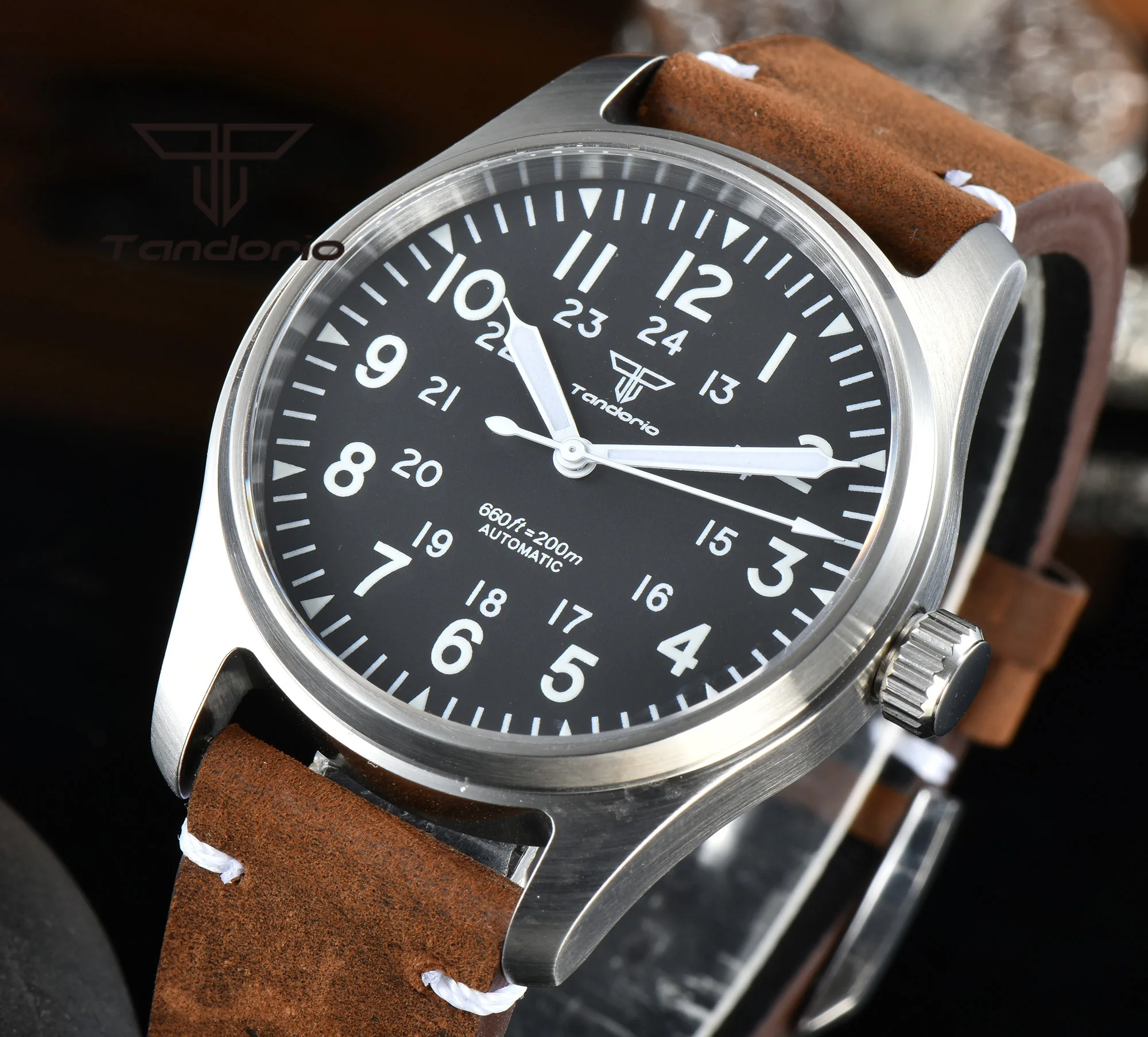 Tandorio 39 mm NH35A 20 bar automatische Tauchpiloten-Herrenuhren, Saphirglas, grünes Leuchtzifferblatt, Lederarmband, Schraubkrone