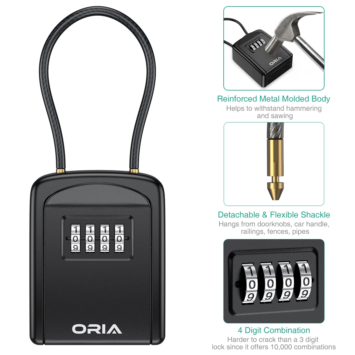 ORIA กล่องล็อคกุญแจ4 Key ปลอดภัยกล่องกันน้ำกล่องล็อคกุญแจแบบถอดได้ Chain