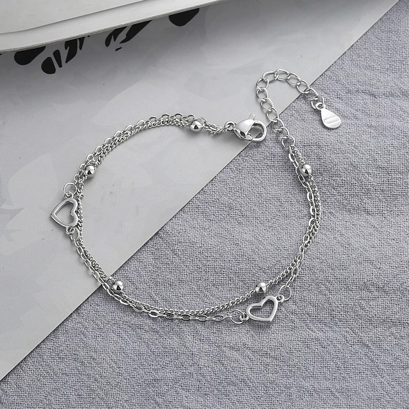 VENTFILLE Silver Double Love Heart Hollow รอบลูกปัดสร้อยข้อมือหญิงแฟชั่นเครื่องประดับโรแมนติกคลาสสิกปรับ