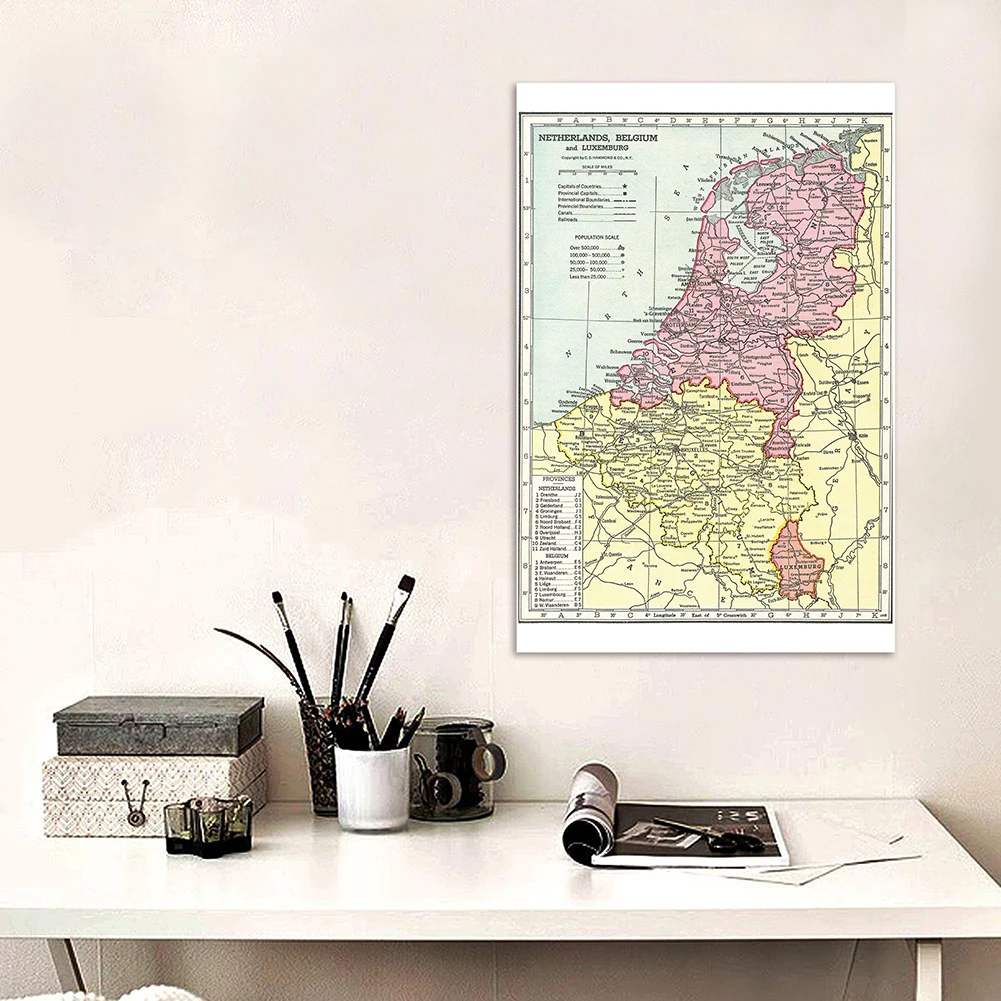 Mapa Vintage de Bélgica y Países Bajos, póster de arte de pared, lienzo pintado con Spray para decoración del hogar, suministros escolares, 100x150cm, 1938